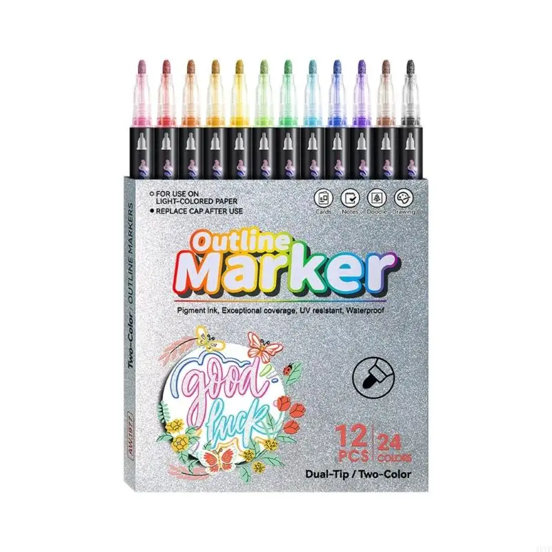 12Pcs Metallic Paint Markers Pens Glitter Markers Double Line Highlighter Outline Marker Set Marker Pens for Highlight