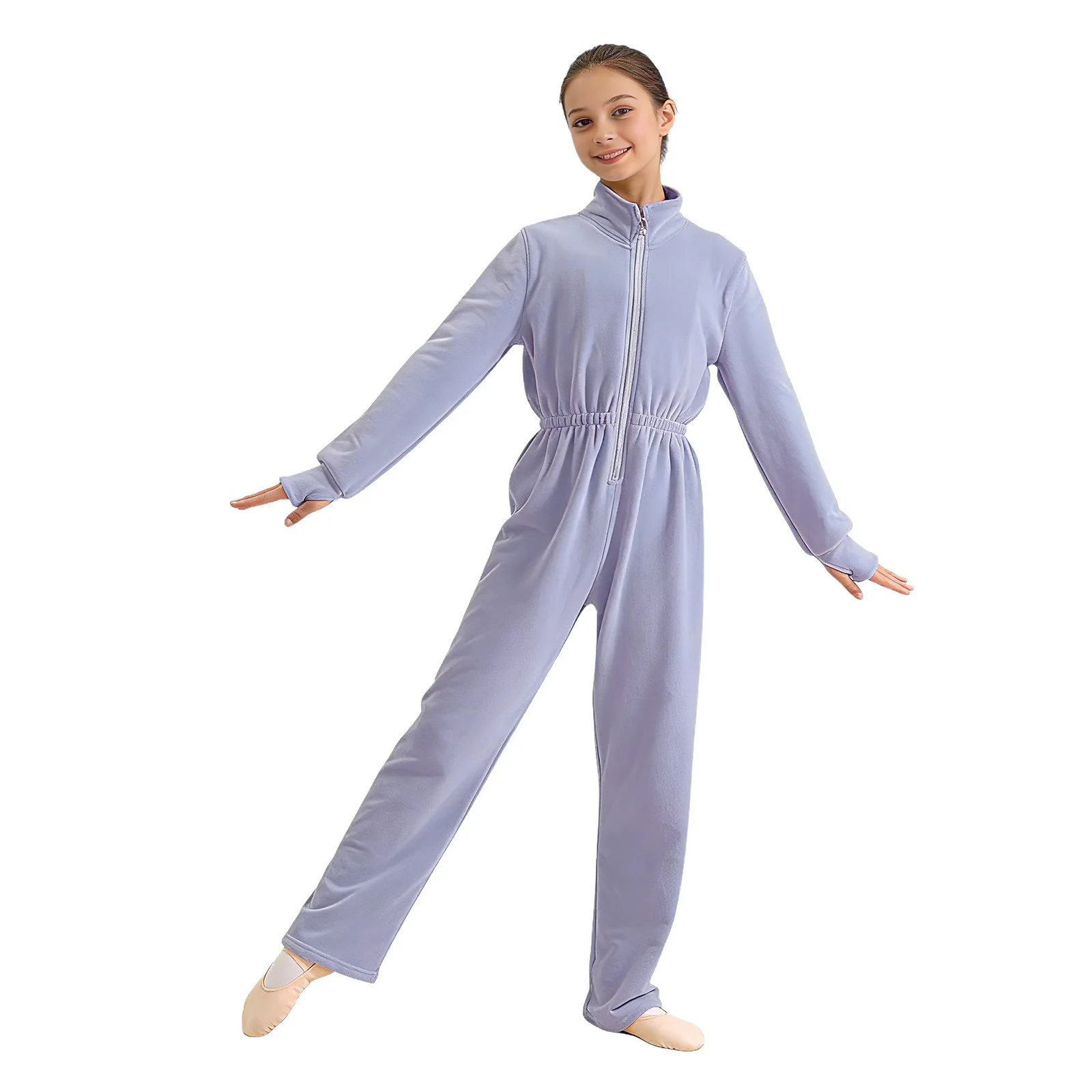 

Kids Girls Jumpsuit Fleece Zipper Front Stand Collar Long Sleeves Thumbholes Elastic Waist Bodysuit Casual Homewear Dailywear