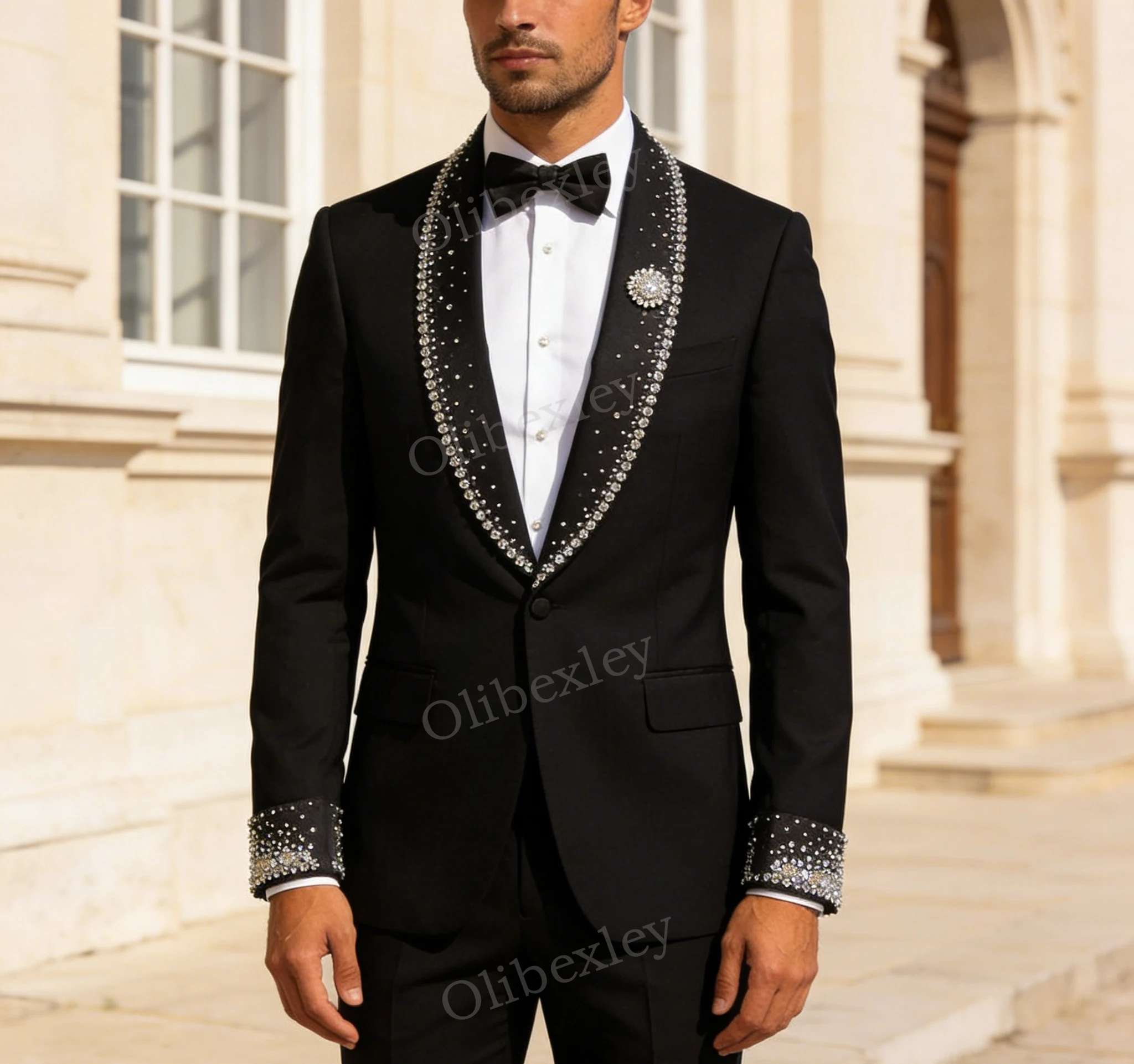 

High Quality Slim Fit Tuxedo 2 Piece Set for Men Wedding Groom Customized Formal Black Beaded Crystals One Button Suit