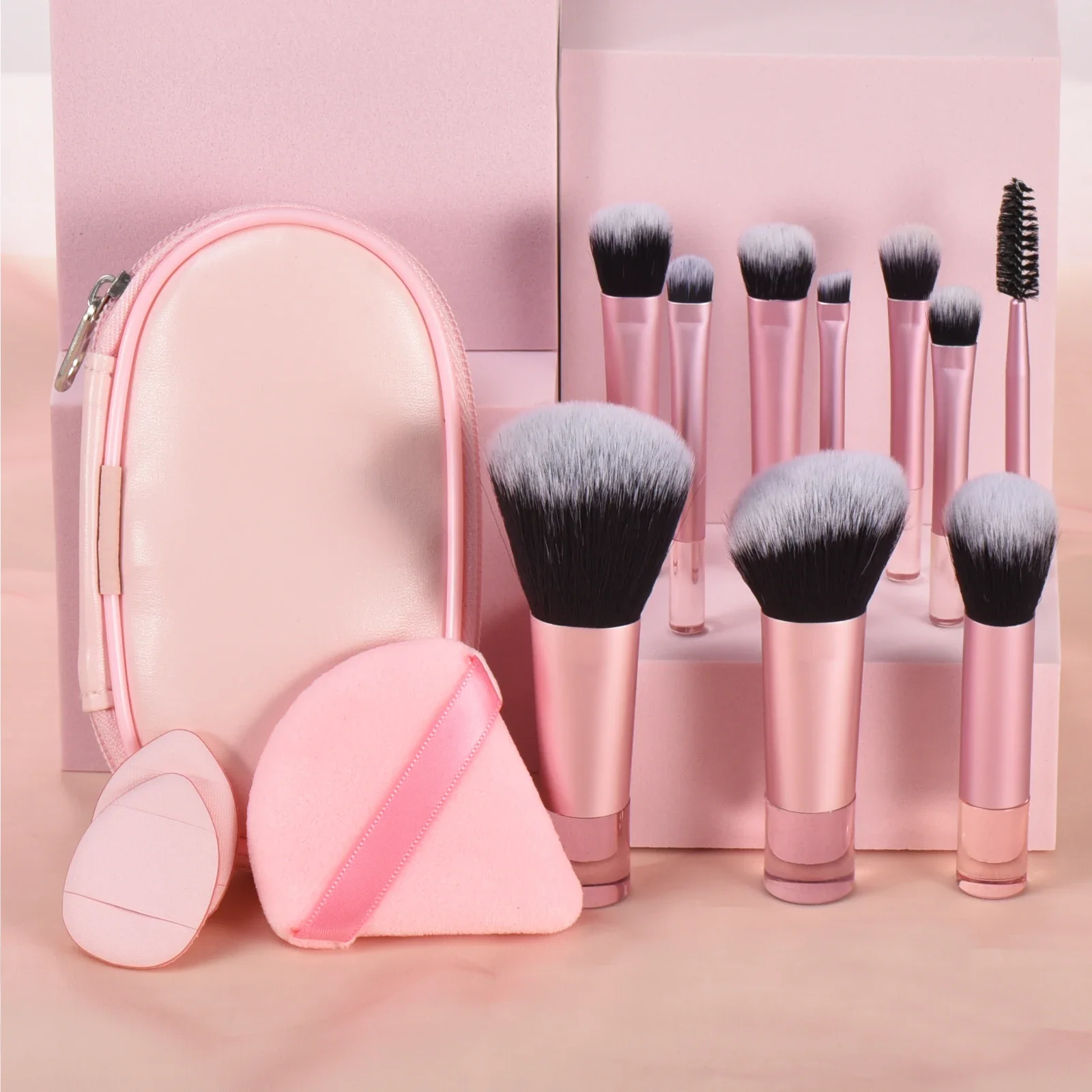 10 Mini pennelli per trucco rosa Strumento per trucco portatile da viaggio Soffio per trucco - Pennello per palmo Set di strumenti per trucco professionale