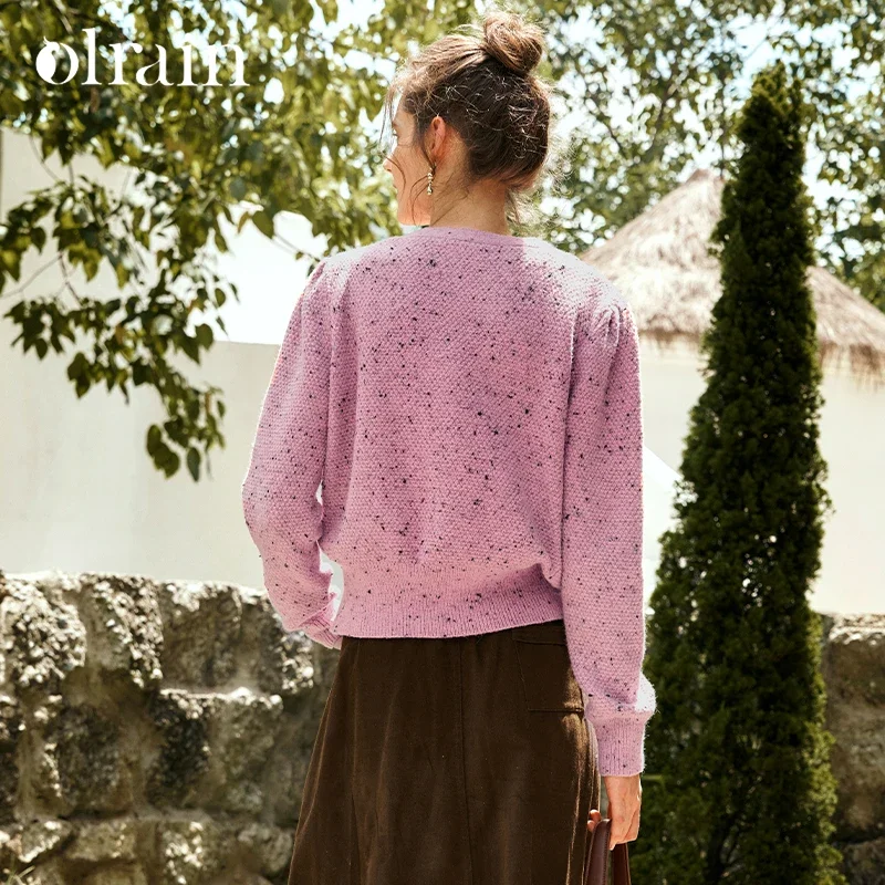OLrain  Knitted Cardigan for Women 2025 Autumn Spliced V Neck Puff Sleeve Chic Single Button Ladies Sweaters E56QM93966