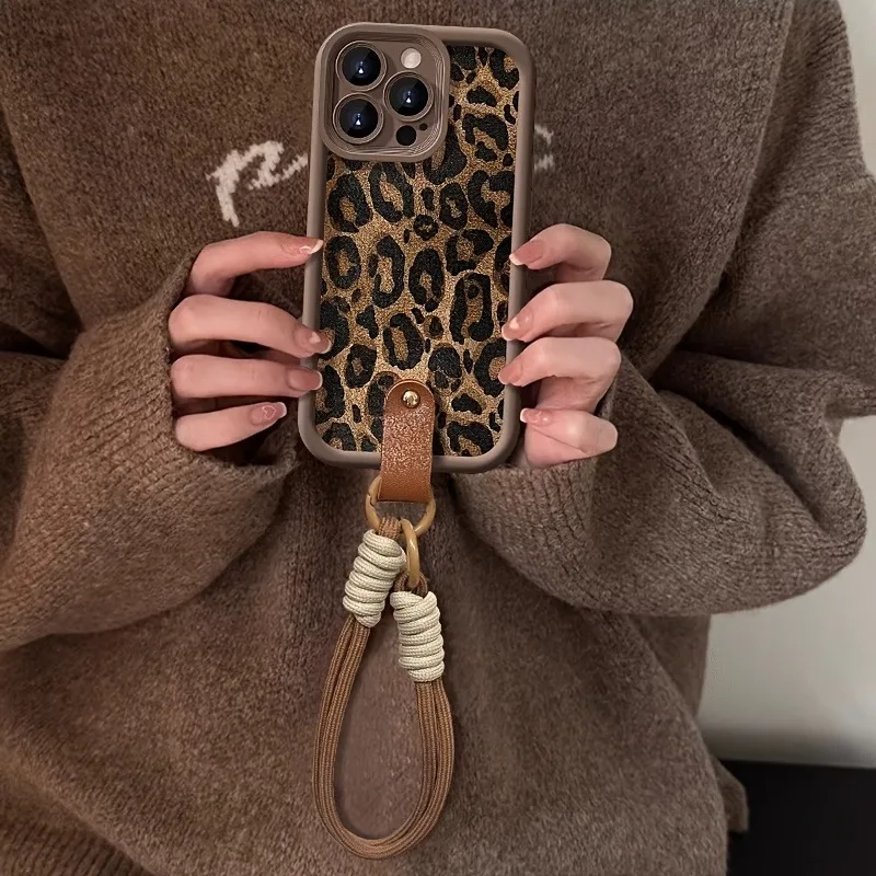 Brown Leopard Pattern Wrsit Strap Phone Case For iPhone 17 16 15 14 13 12 11 Pro Max 16E XS X XR 7 8 Plus Shockproof Soft Cover - náhled 2