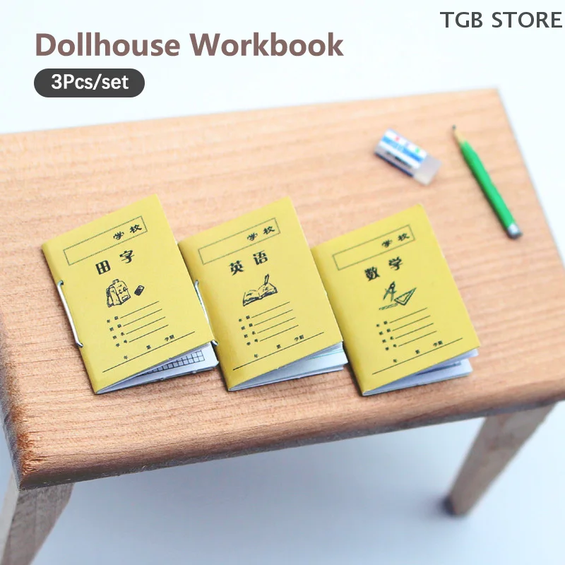 3Pcs Mini Math Chinese English Practise Books Exercise Book Paper Notebook Model 1:12 Miniature Life Scenes Decor Gift