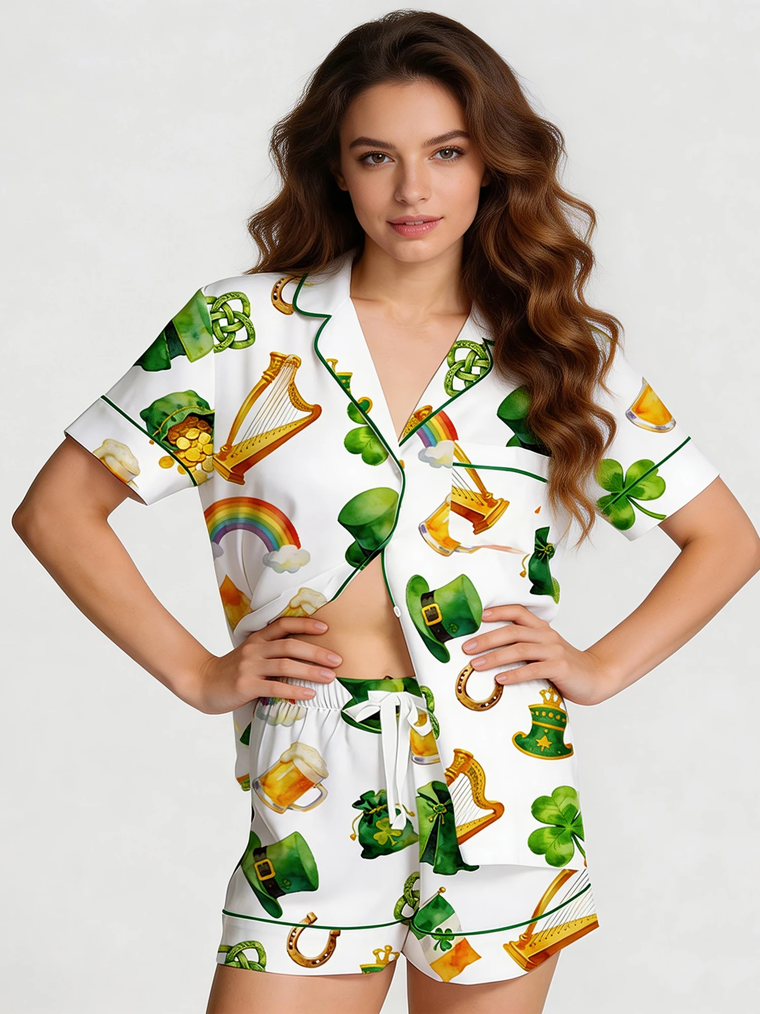 

St Patrick s Day Women s Pajama Set with Short Sleeve V Neck Top and Elastic Waist Shorts Shamrock Print Design