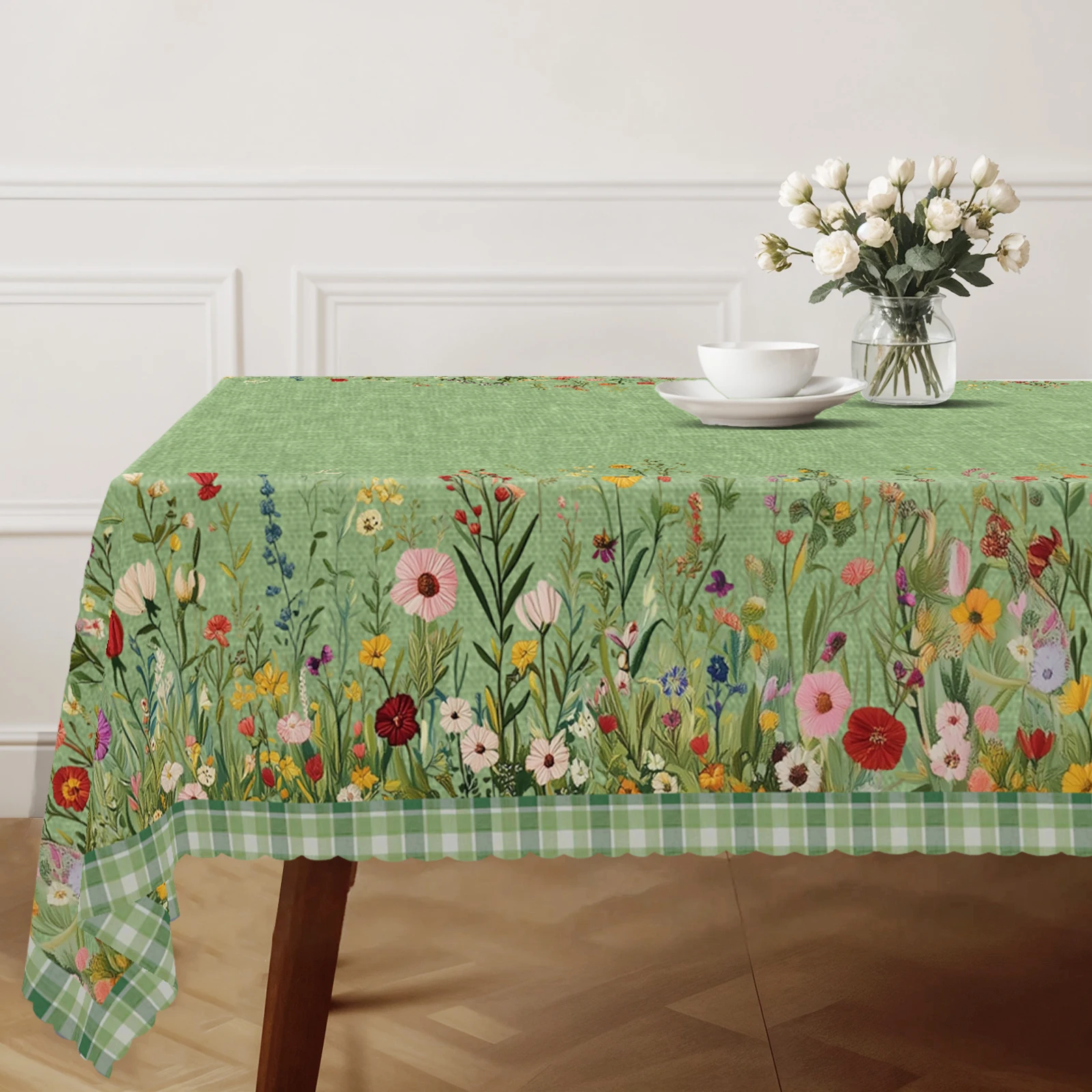 Green and Fresh Floral-Themed Tablecloth, Simple Green Color Scheme, Vibrant Small Floral Prints Such as Morning Glory, Daisy, Hyacinth, Etc., Embossed Edges, Waterproof, Wrinkle-Resistant, Fade-Resistant, Suitable for Rectangular and Round Dining Tables, Home Kitchen Living Room Dining Table Balcony Coffee Table, Holiday Party Holiday Table Decoration, Outdoor Picnic Decoration, Coffee Table Decoration, Perfect Gift, Spring, Summer, Autumn, Winter Decoration Comes with 4 Anti-Slip Stickers. P-97