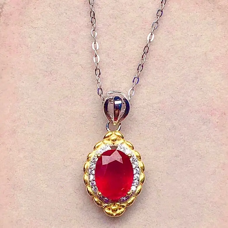 S925 Silver Inlaid Natural ruby Pendant Main Stone 7mm * 9mm 925 Silver ruby Jewelry Brithday Fashion Pendant with  Woman Gift