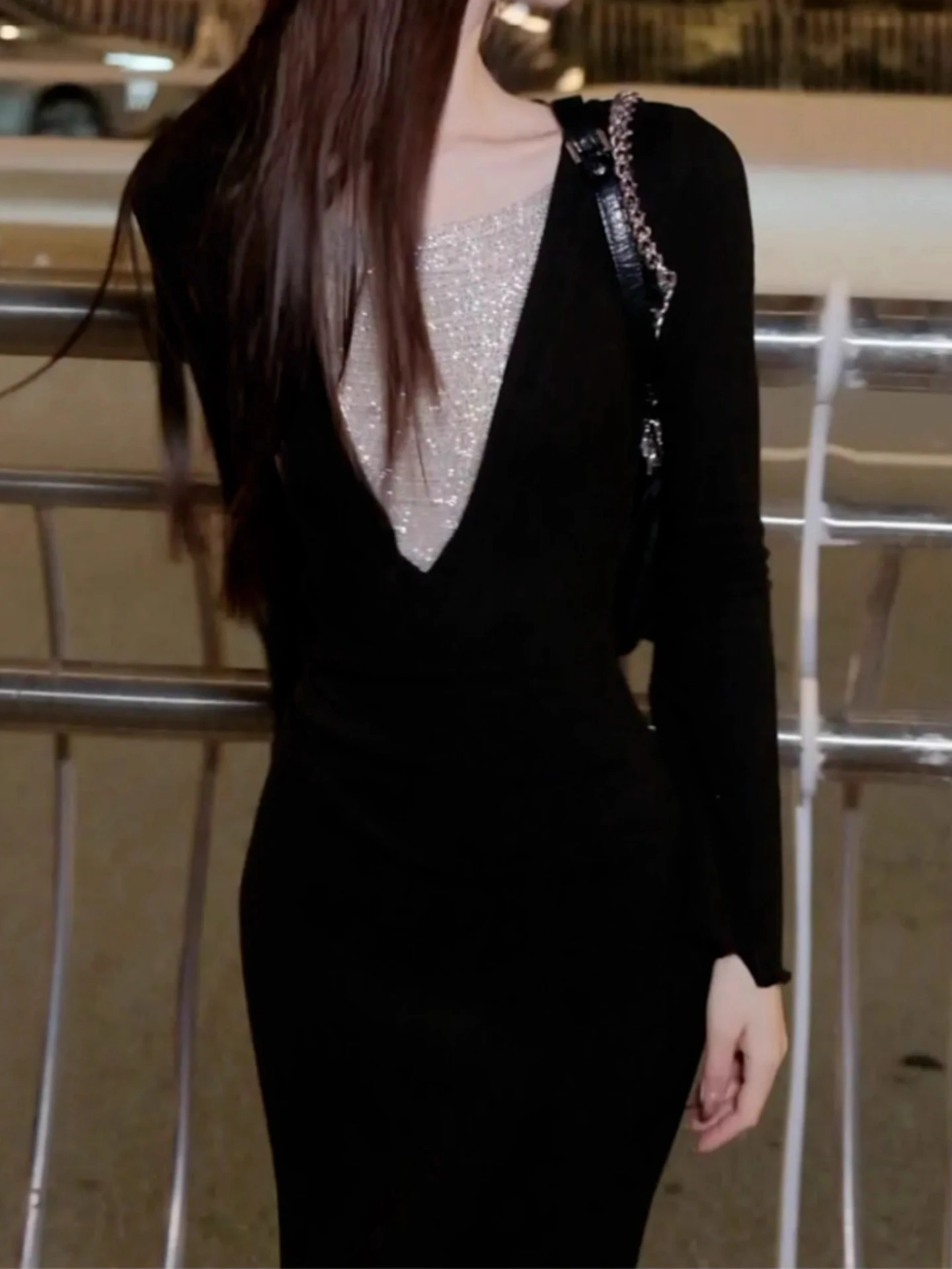 Ele Cintura alta Gored Long Sve Fi Tail Dr Diseño de mujer Deep V Splice Dstring Adelgazante Bodycon Long Dr