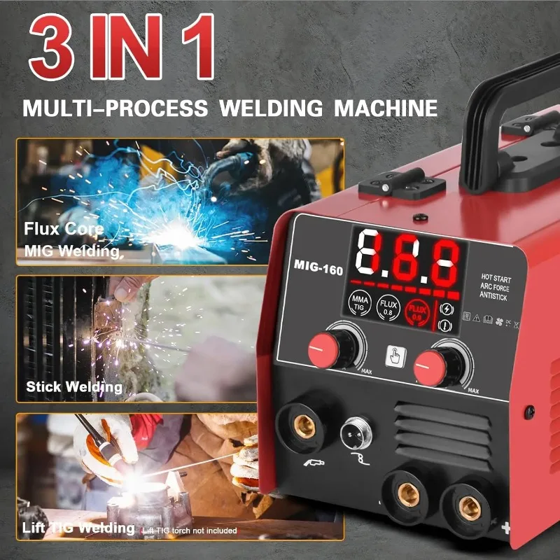 160Amp 3-in-1 Welder: Flux Core, Lift TIG & Stick Machine with Auto-Darkening Glasses, Portable 110V IGBT Inverter