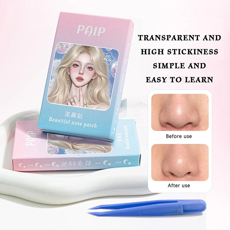 30Pcs Nose Transparent Invisible Thin Nose Stickers With Tweezers Shrinking Nose Wing Patch For Cosplay Special Nose Shrink