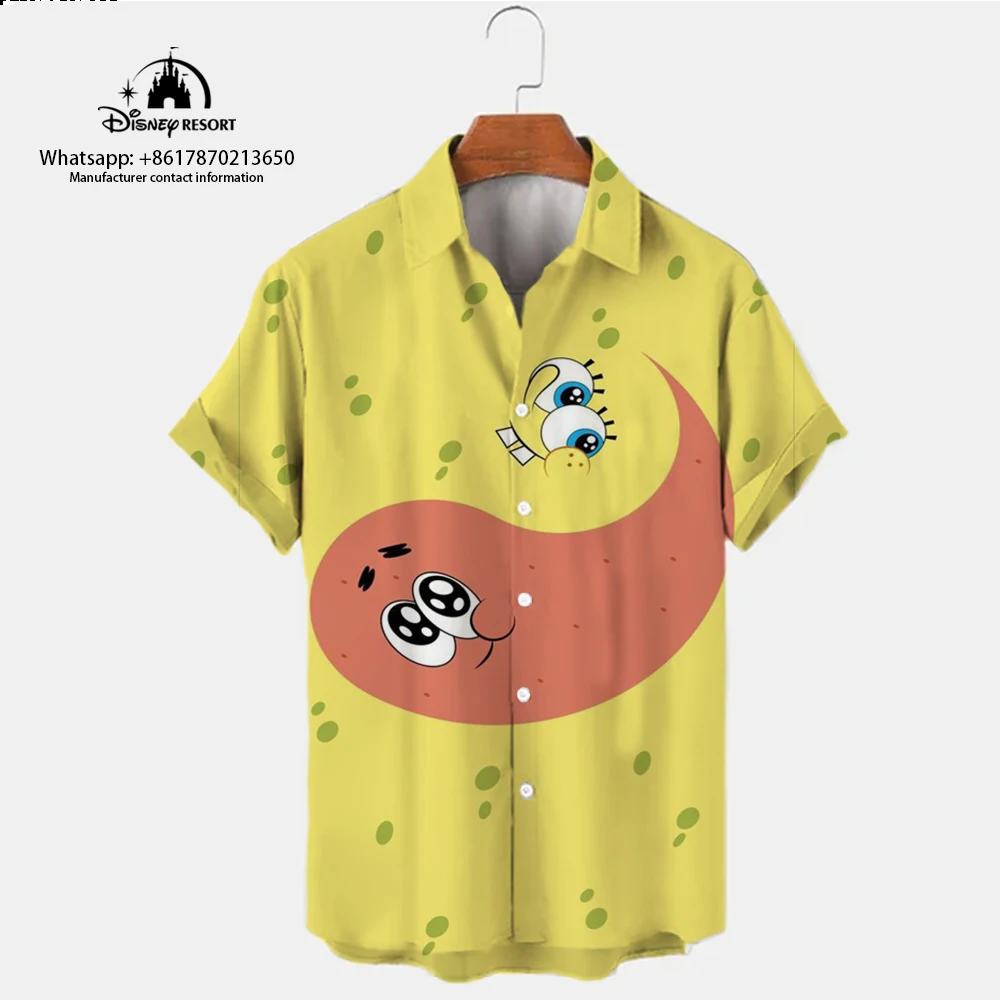 Camisa de manga curta de Bob Esponja masculina, top versátil, lapela, rua Harajuku, tendência casual na moda, verão, novo, 2024