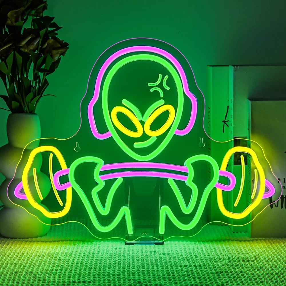 

Alien Lifting Barbell Neon Sign Dimmable Light Up Sign Gym Wall Decor for Gym Man Cave Teen Room Game Room Hip Hop Party