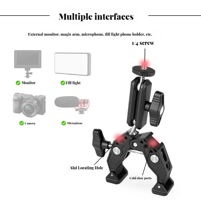 Super Clamp Camera Clamp Mount Monitor 360° Ballhead Magic Arm Adapter with1/4"-20 3/8" for Canon Nikon DSLR Camera/Gopro/Lights