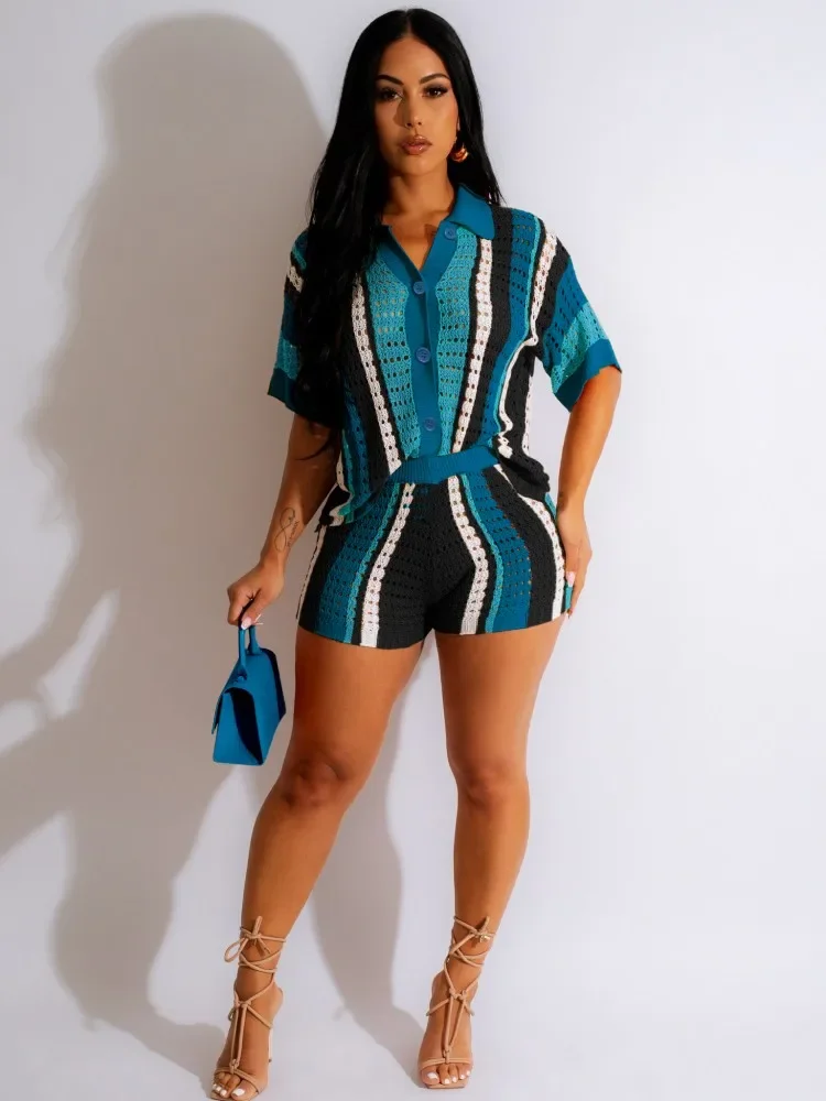 

JRRY Sexy Women Knitted Set Two Pieces Sets Turn Down Collar Short Sleeves Top Pants Cover Ups Hollow Out Beach Pants Set