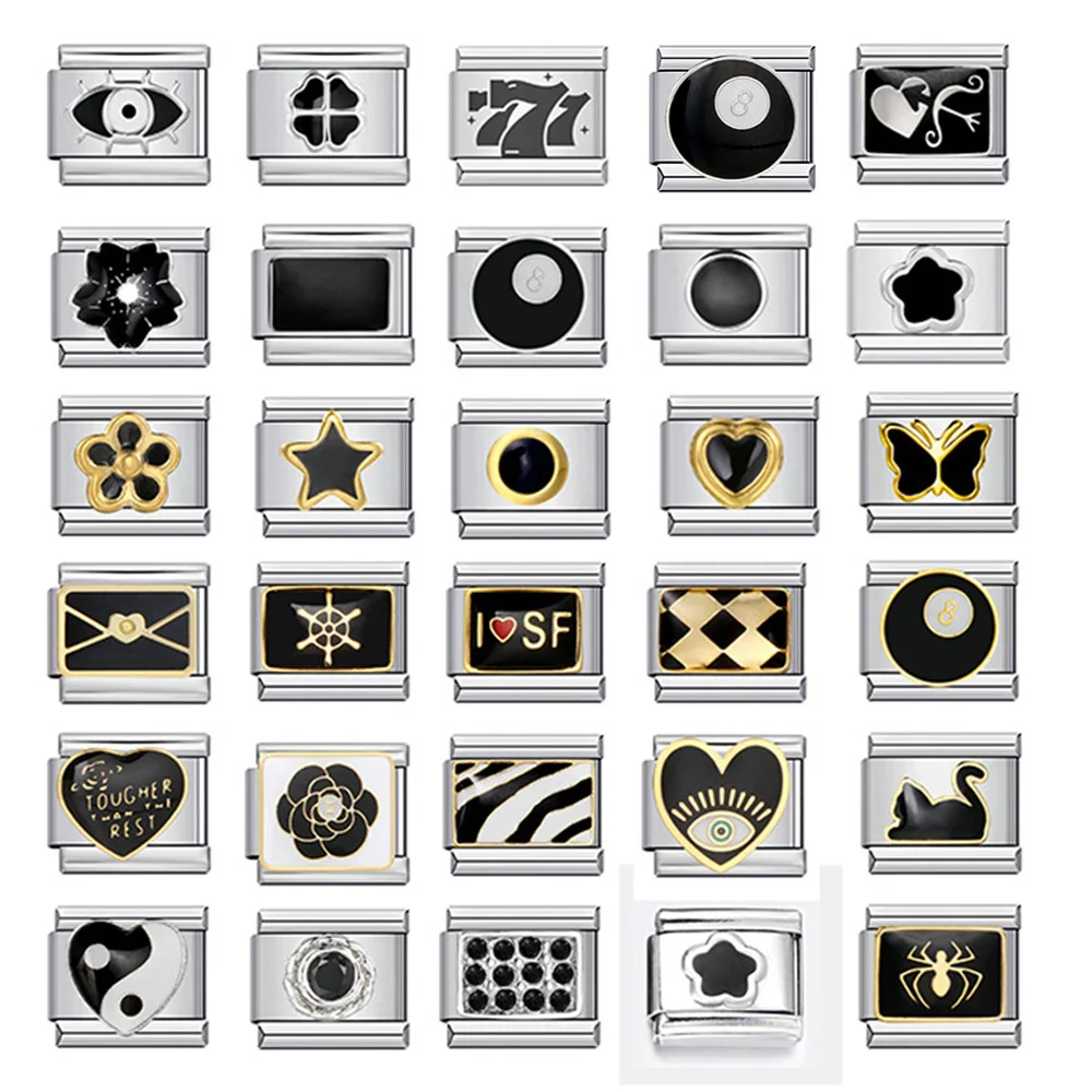 

Fashion Butterfly Star Black Heart Round Ellipse Italian Charm Link Fit 9mm Stainless Steel Bracelets DIY Making Jewelry