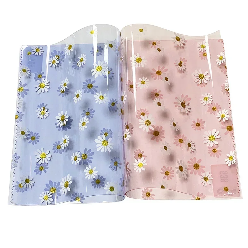 Daisy Pattern Colorful Transparent PVC Faux Leather Vinyl Fabric Roll For DIY Sewing Bag Table Cloth Hair Clip Bow Accessories