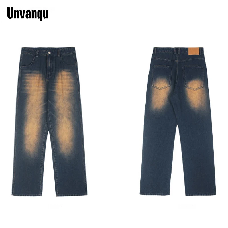 Unvanqu American Retro High Street Fashion Men's Jeans Autumn New Simple Nostalgic Loose Straight Retro Washed Wide Leg Trousers