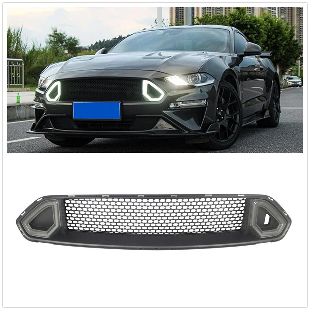 Racing Grill Front Grille For Ford Mustang 2018-2022 RTR Style Bar Black Car Upper Bumper Intake Hood Mesh W/ White LED Light