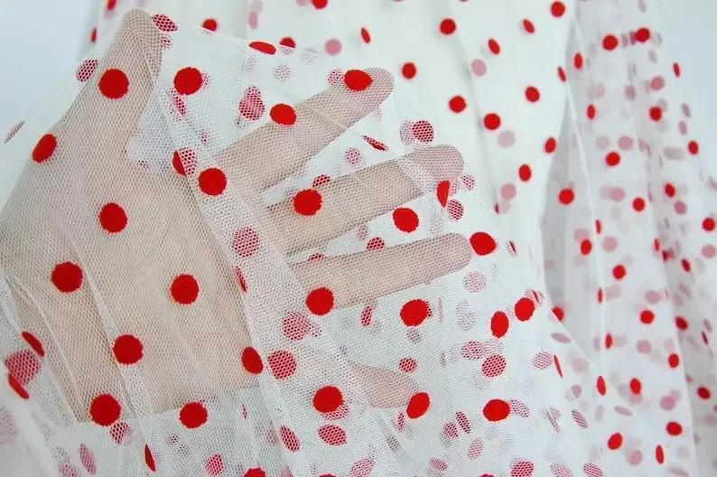 

Red black flocking dot Lace fabric embroidery dot tulle lace fabric For Wedding Party Dress Tutu Dress Bridal Veiling Prom Gown