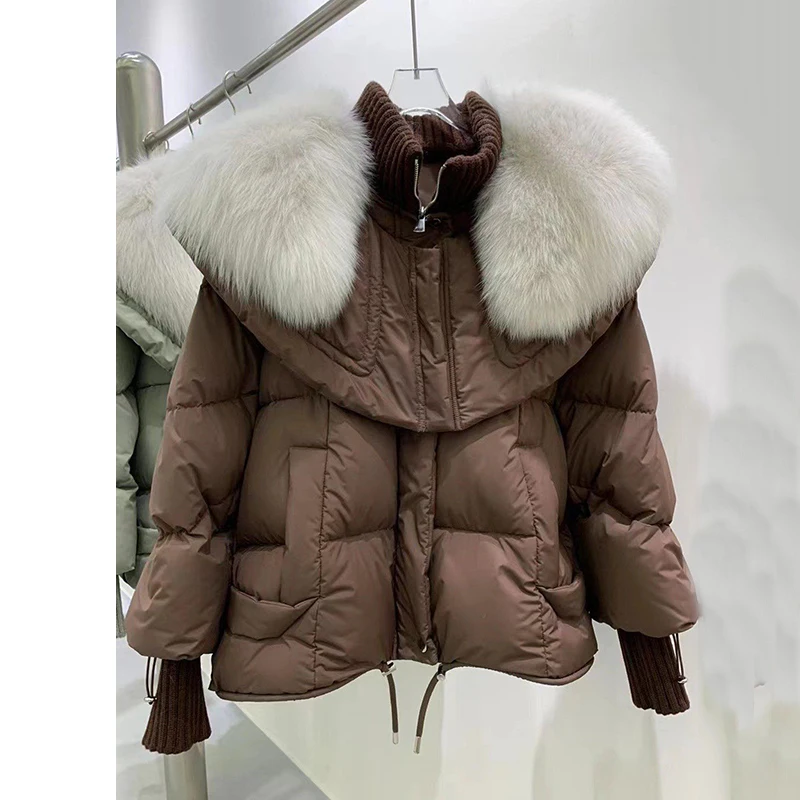 Women\'s White Duck Down Puffer Parka Jacket with Real Fur Removable Collar Winter New Down Cotton Fur Collar Parka Coat