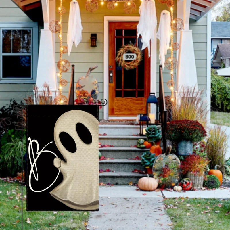 ハロウィーンをテーマにした両面プリントのリネンの庭の旗、休日の装飾、ウェルカムフラグ、入り口