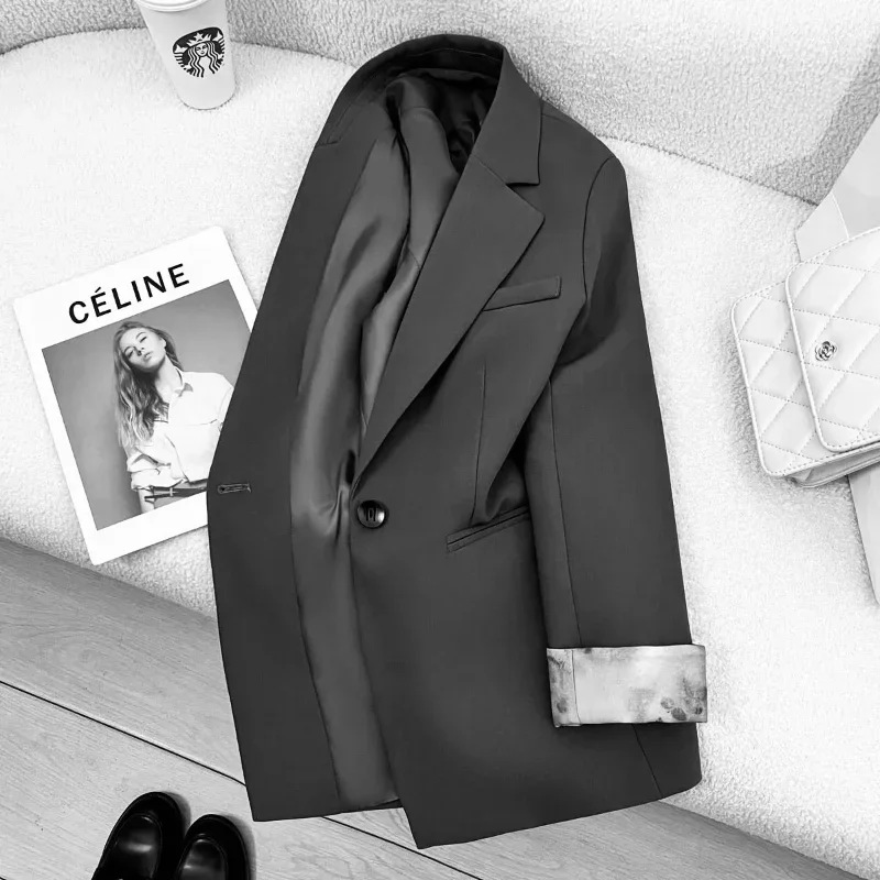 

Gray Retro Blazer Women's Long Sleeve Button Solid Color Lapel Cardigan Commuting Top