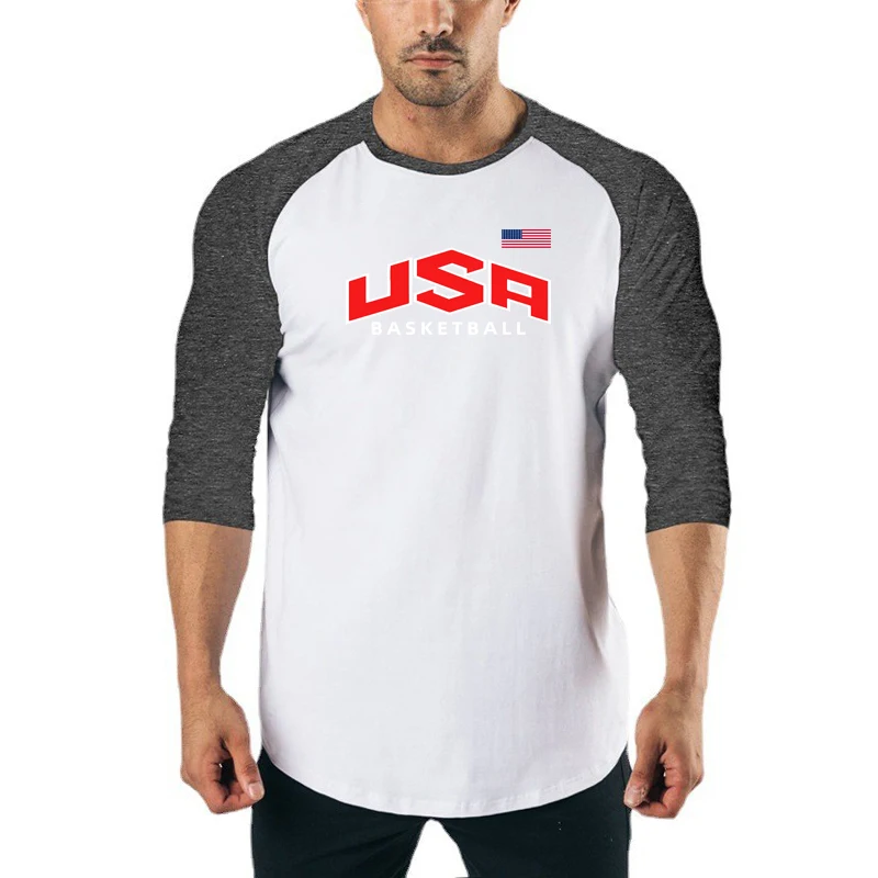 Mens Fitness Three Quarter Sleeve T-shirt Fashion Training Sport Clothing Cotton Breathable Shirt Slim Fit Gym Bodybuilding Tops