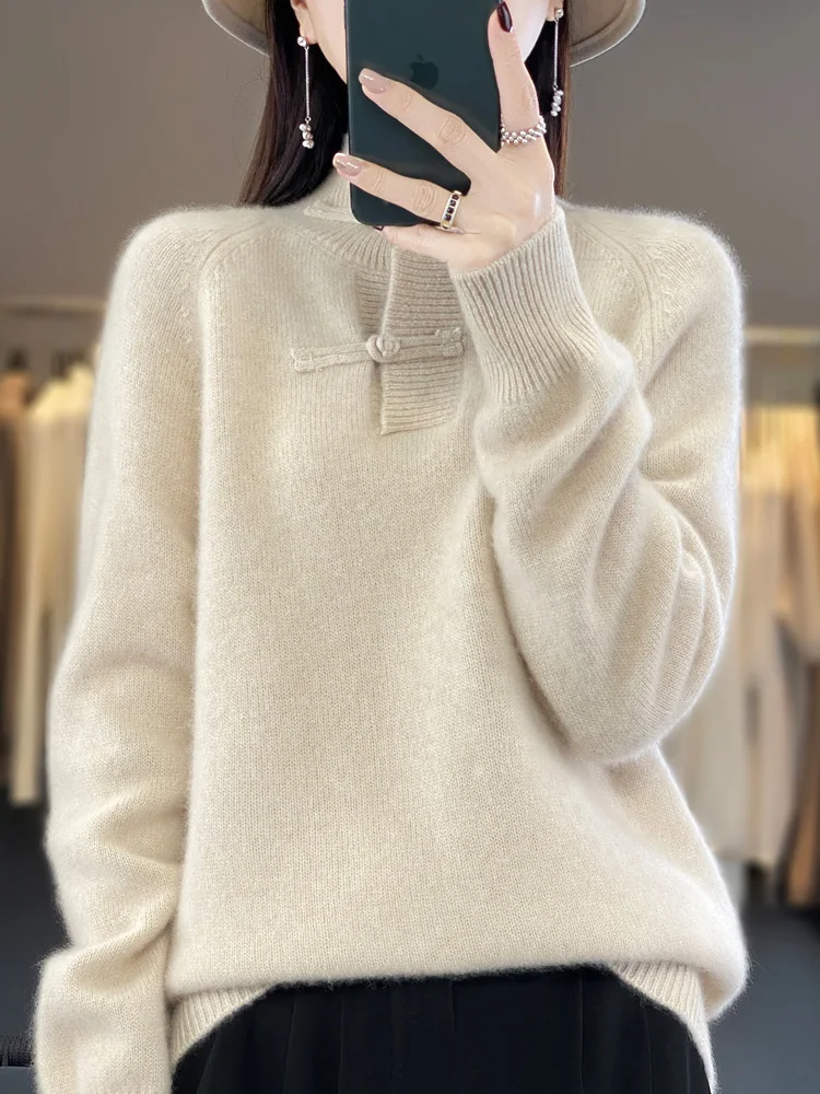 Women 100% Merino Wool Sweater Mock Neck Thick Chinese Knot Button Pullovers Autumn Winter Cashmere Knitwear Warm Soft Clothes