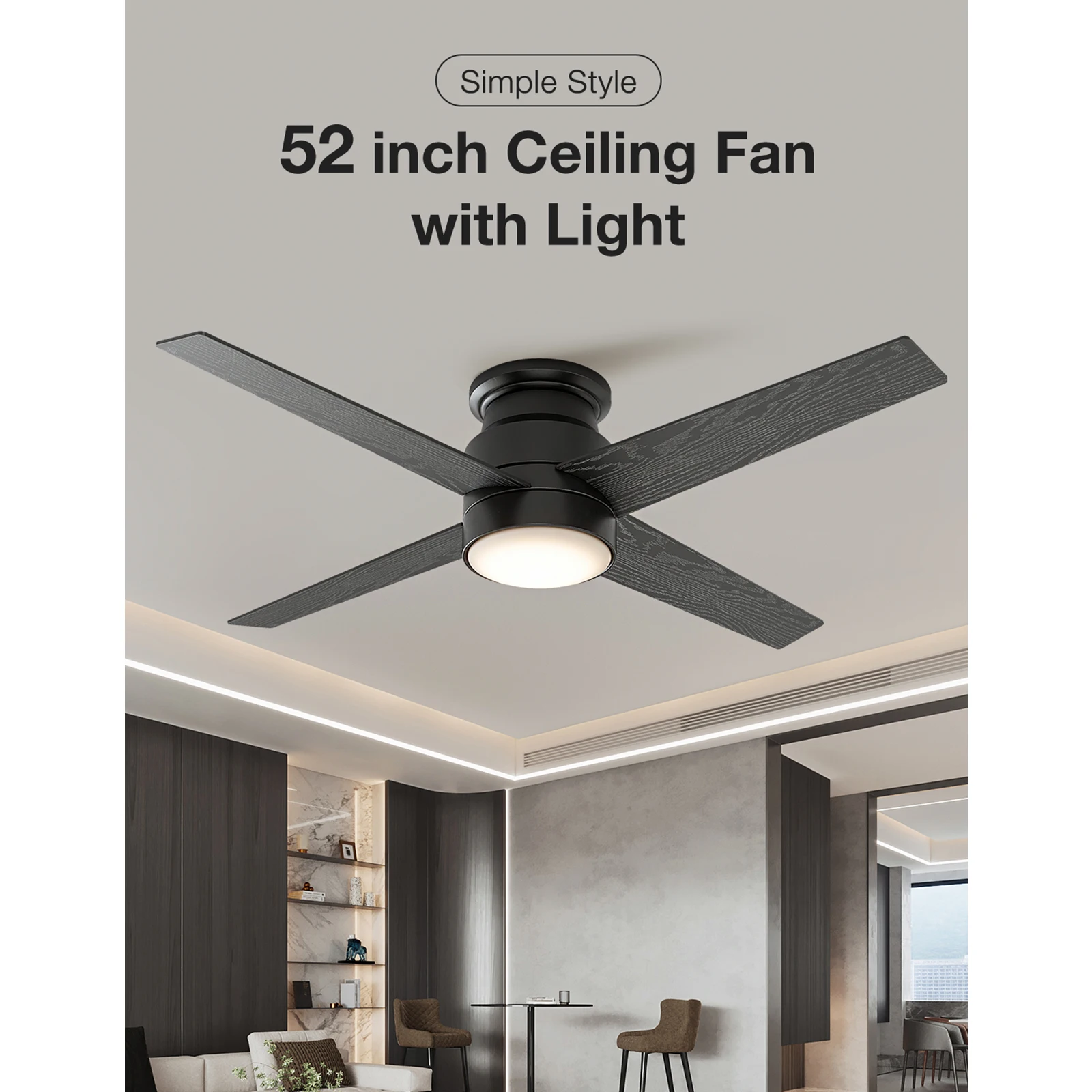 

52-дюймовый черный (4 лопастных) потолочный вентилятор со светодиодной подсветкой и пультом дистанционного управления