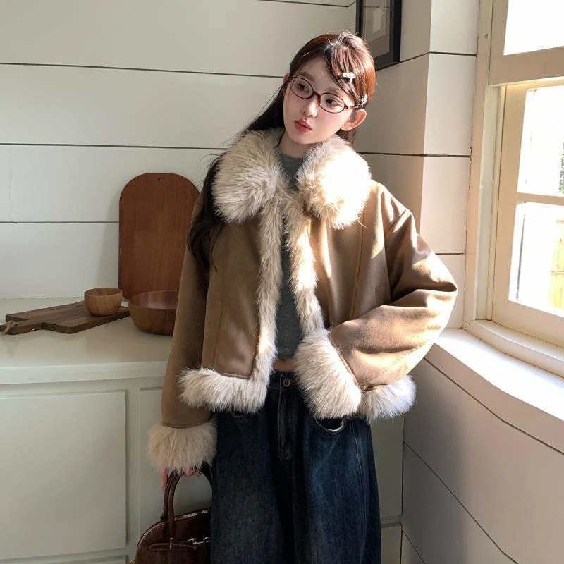 المرأة شتاء 2025 وصول جديد خمر النمط الأمريكي صوف الضأن سترة قصيرة عادية محب معطف قصير مع مظهر مميز #4