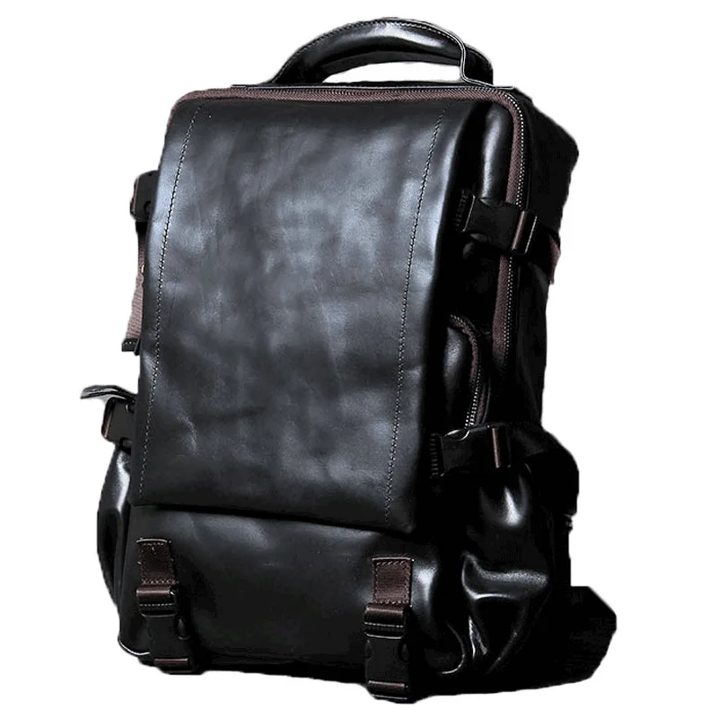 Cowhide Leather Men\'s Backpack Mountaineering Travel Backpacks Men Laptop Bag Schoolbag Retro Soft Black Leather Backpack