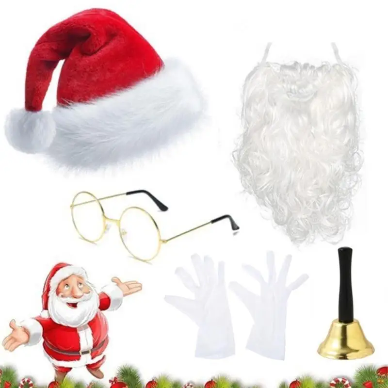 Set of 5pcs Professional Santa Outfit Holiday Cosplay Suit Including Christmas Hat & Elasticated White Beard & Gloves