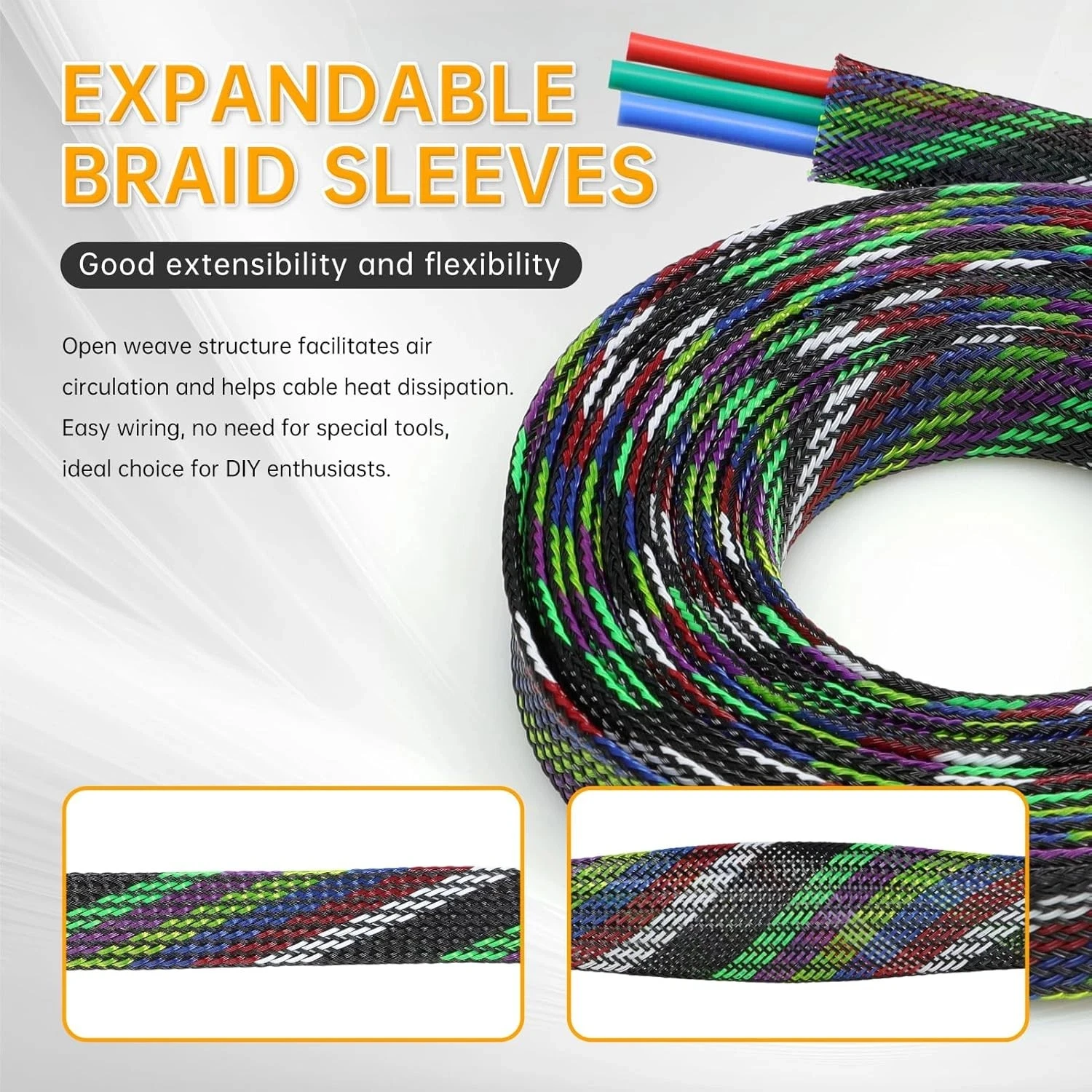 1/2M PET Braided Cable Sleeve 3 4 6 8 10 12 14 16 20 25-50mm Expandable High Density Insulation Line Protector Wire Wrap Sheath