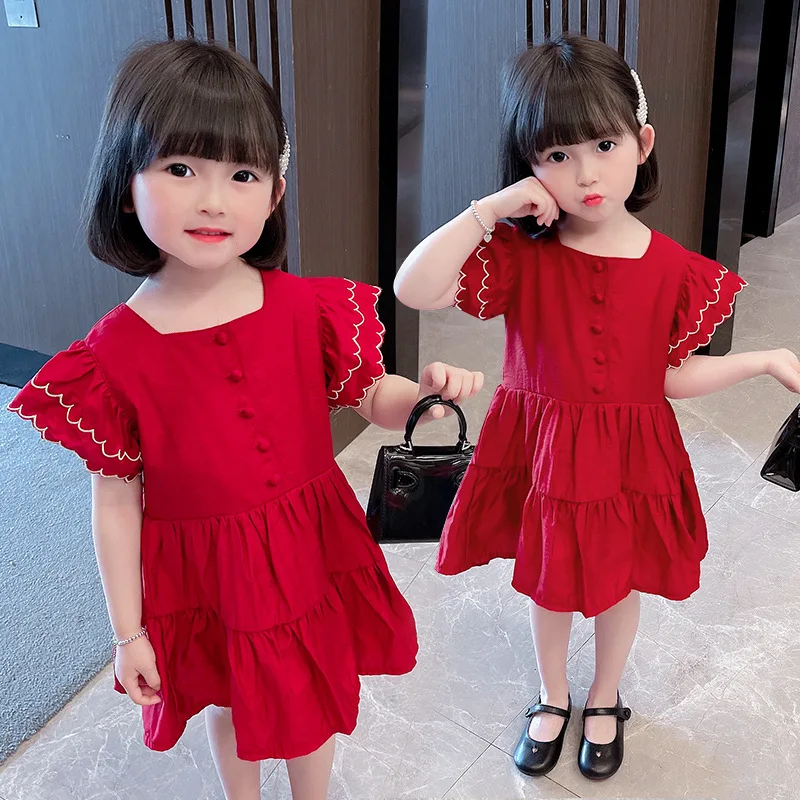 2025 Mid-year Little Girl Summer New Children's Burgundy Foreign Style Skirt Children's Baby Girl Princess Skirt