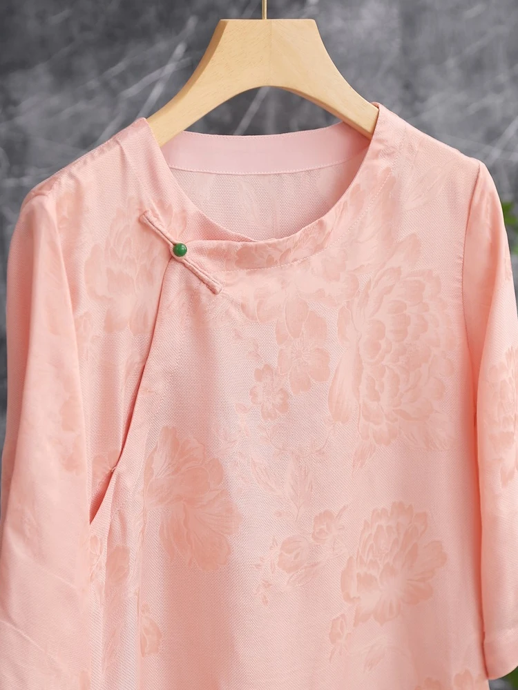 

Elegant Interwoven Silk Short Sleeve Shirt with Button Detail Traditional Chinese Style Silk Top Subtle Pattern roun...