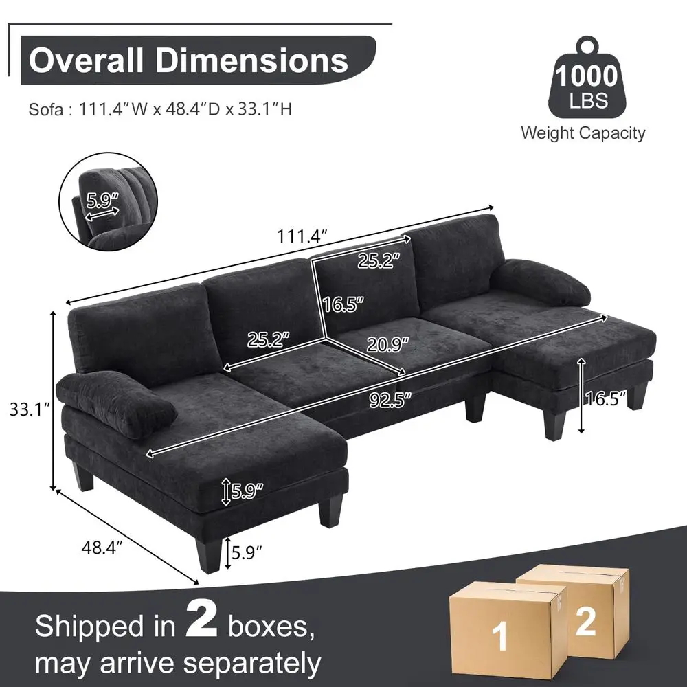 

UShape Sectional Sofa Couch 111 Modern 4Seat Sofa with Chaises Chenille Fabric Upholstered Covertible Couch with Wood Grain Leg