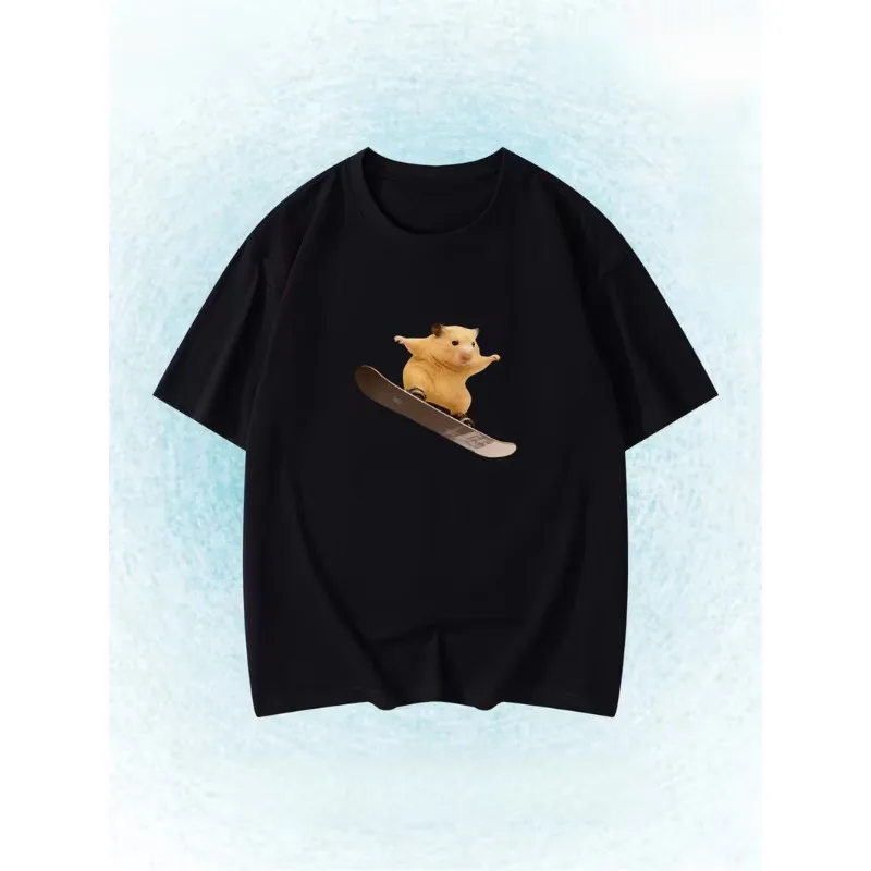 Fun Skiing Hamster Print T-Shirt Cute Meme-Style Short-Sleeve Summer Casual Top Perfect for Everyday Wear Women Clothing Fashion