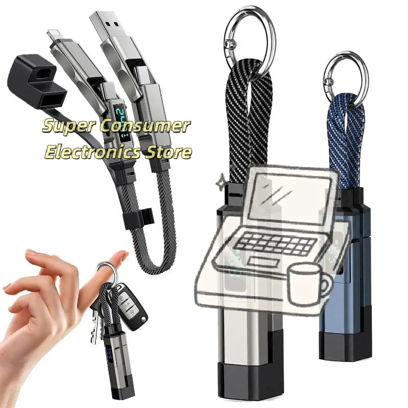 Portable 4 In 1 65W USB C Keychain Charging Cable with V/A/W Display Wear-resistant Type C Cord for Home Office Travel