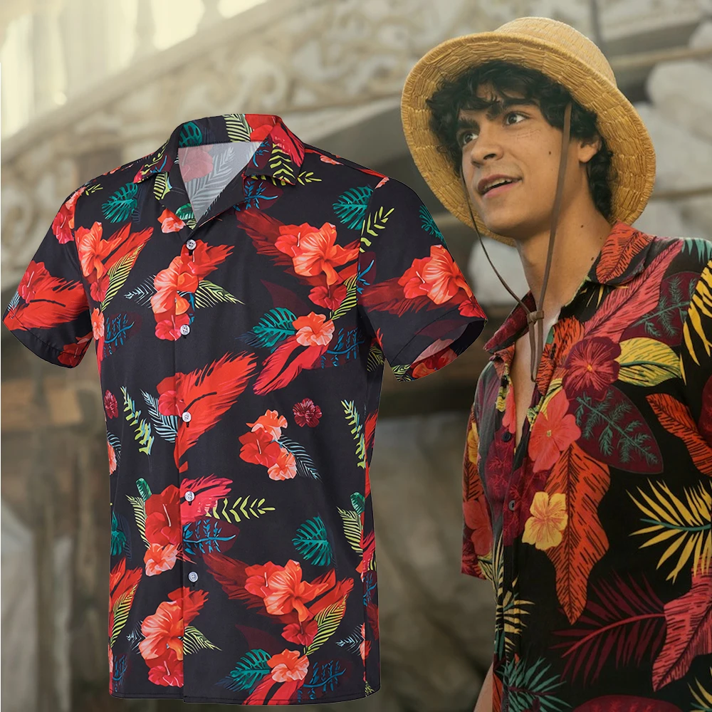 映画ルフィ実写コスプレ衣装男の花ハワイシャツ夏ビーチ半袖トップシャツ