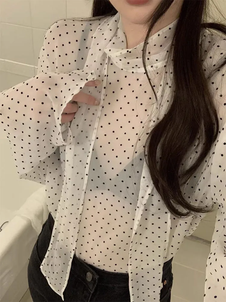 

Chic Spring Polka Dot Tie Waist Loose Fit Thin Chiffon irt Women's Stand Collar Transparent Long Sve Office Sle Top