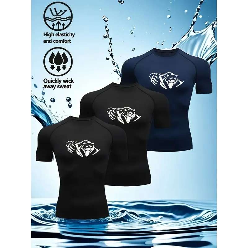 3PCS Mens Compression Shirt with Bear Chest Print High Elastic Quick Dry Breathable Stretch Fitness Workout Sport Tops