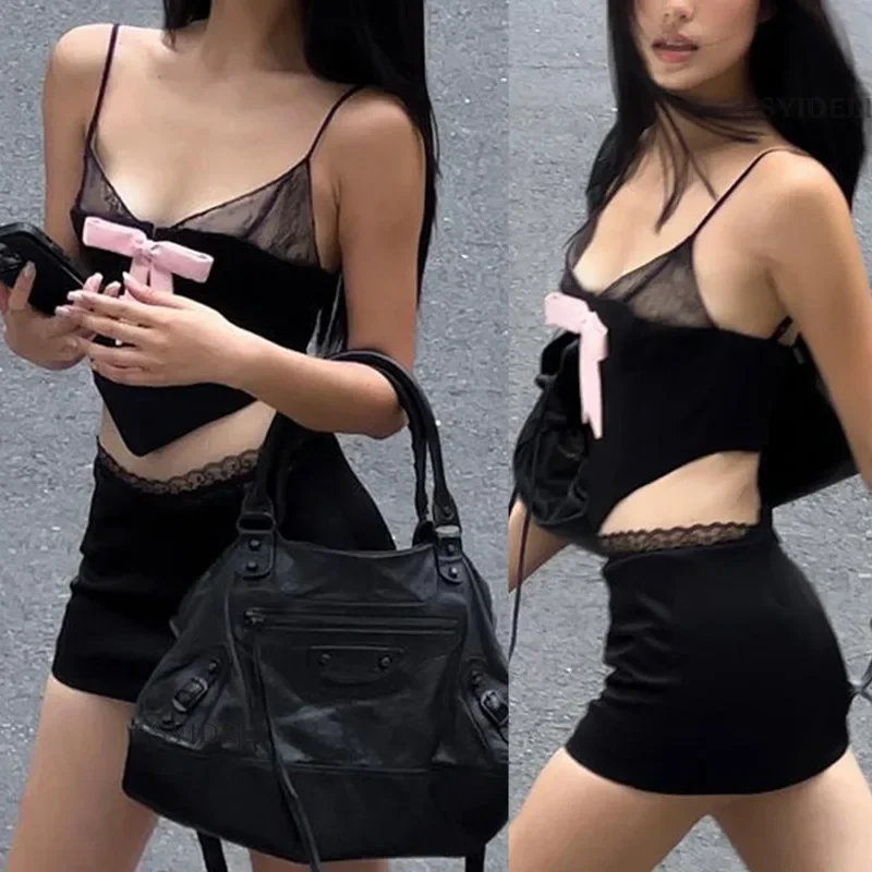 Retro Summer Spicy Girl Sexy Sling Top con bordo in pizzo Wrap Hip gonna a vita alta nero Y2K Party Club Set a due pezzi YDL51