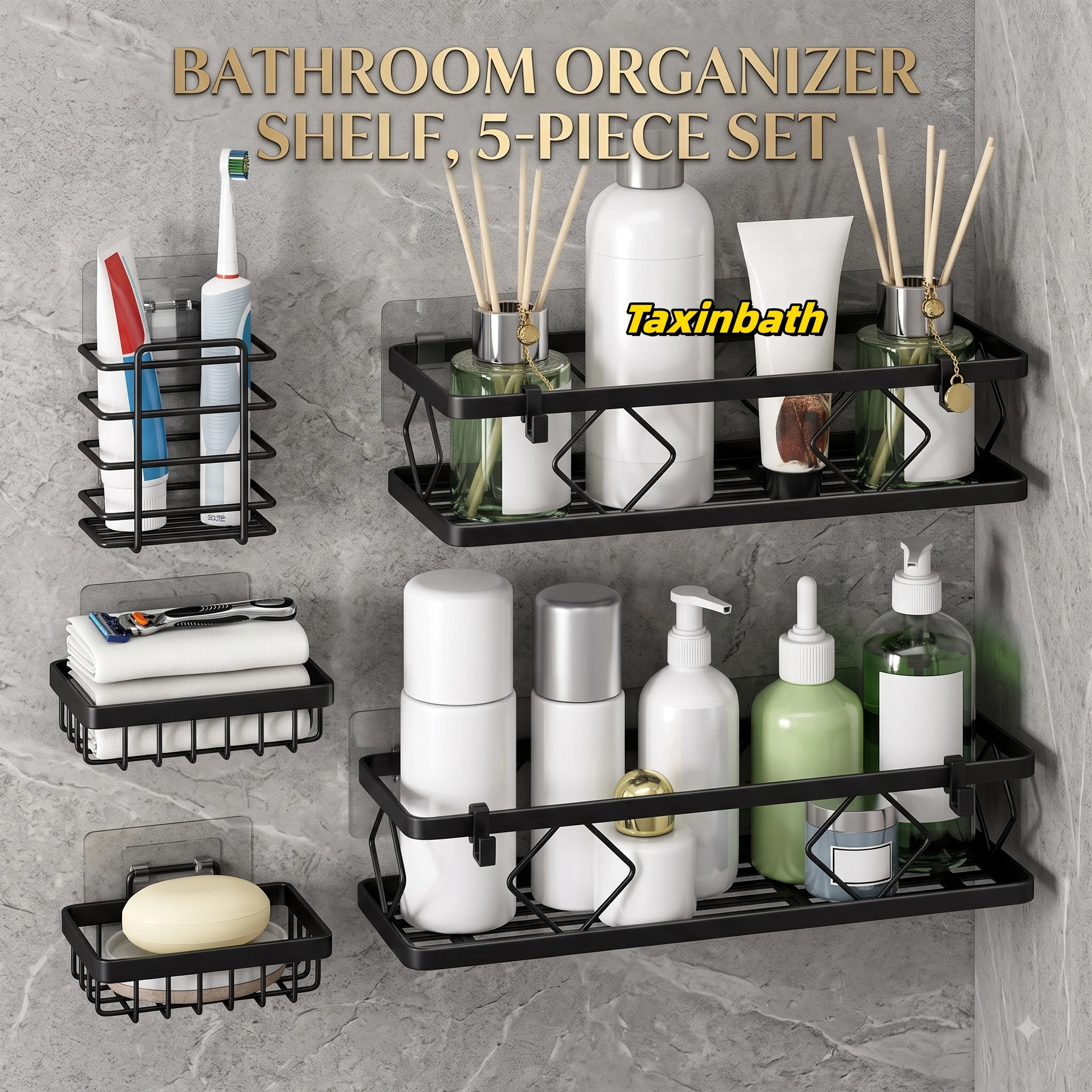 Carbon Steel Rustproof Bathroom Shower Storage Rack Soap Toothpaste Toothbrush Shampoo Storage Shelf 5Pieces Storage Basket