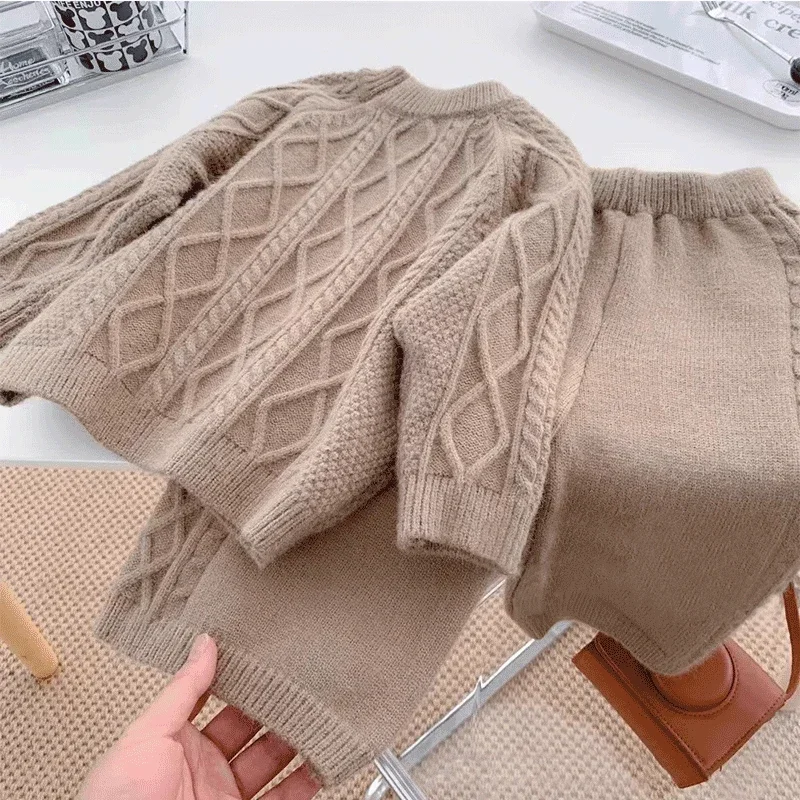 Autumn Baby Korean Dongdaemun High Quality Knitted Sweater Pullover Pant Sets Outdoor Clothes For Children  From 2 To 7 Years