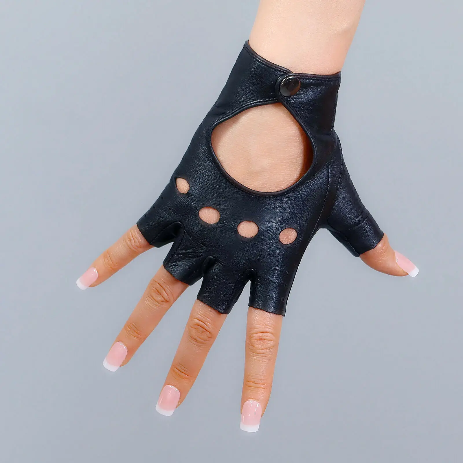 

Women's Black Half Finger Driving Gloves Fingerless Real Leather Genuine Sheepskin Short Wrist Moto Cycling Glove Backless