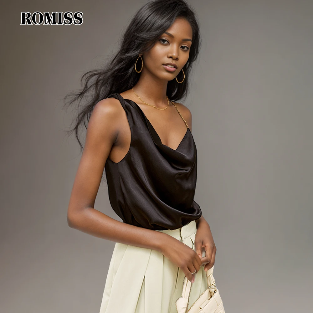 

ROMISS Elegant Asymmetrical Women's Vest V Neck Sleeveless Spaghetti Strap Loose Ruched Vests For Female Fashion Clothing