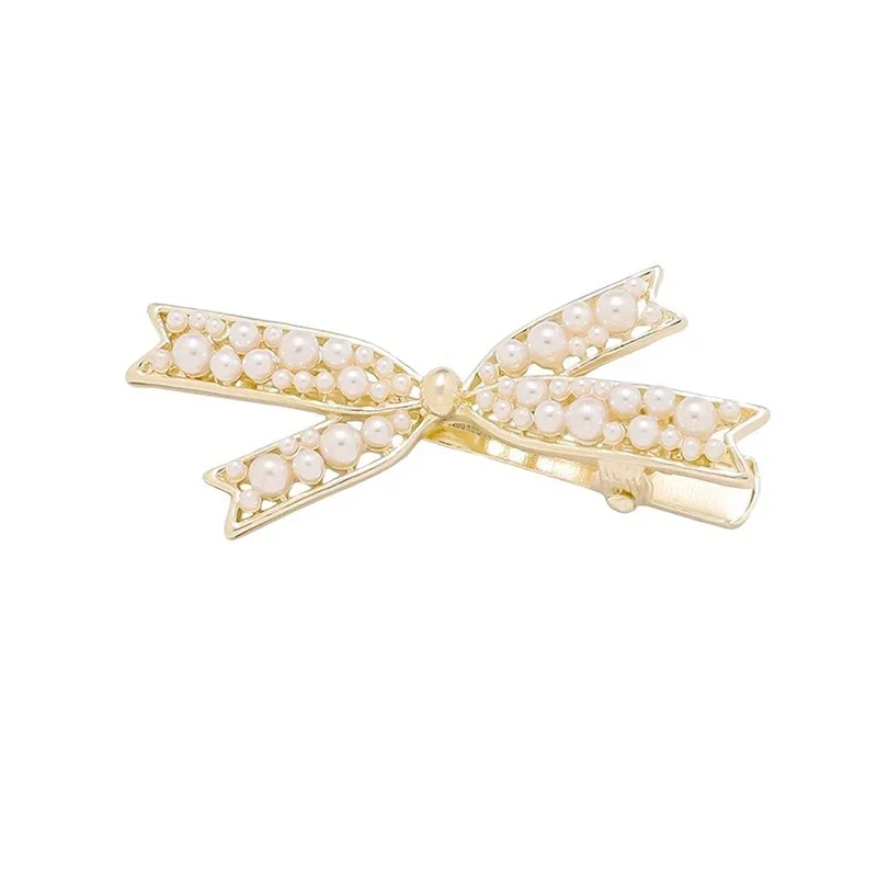 한국 스타일 우아한 Peals 할로우 보우 머리핀 새로운 사이드 클립 앞머리 클립 금속 Duckbill 클립 여성 패션 헤어 액세서리