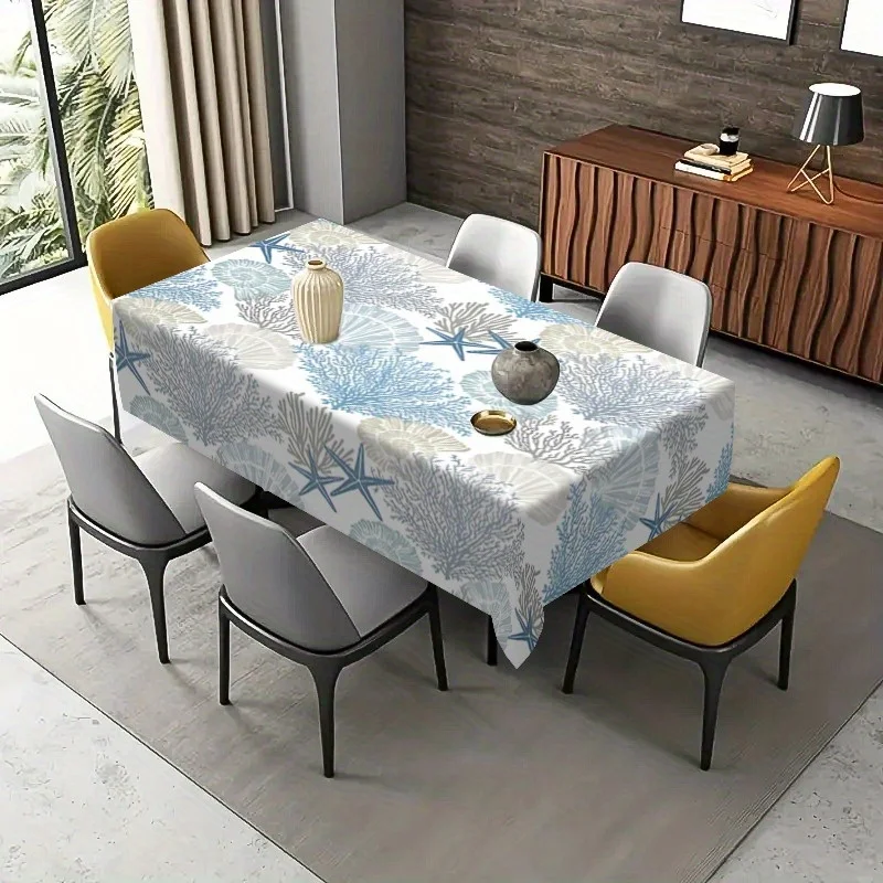 1pc Coastal Sea Star Tablecloth - Ocean Shell & Coral Reef Design, Rectangular Polyester Fabric, Dining Room, Summer Parties