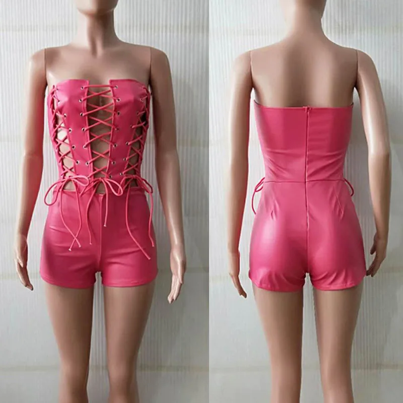 PU Leather Lace-up Bandage Romper Shorts Playsuits Women Party Night Club Outfits Strapless Skinny Bodycon Jumpsuit Bodysuit