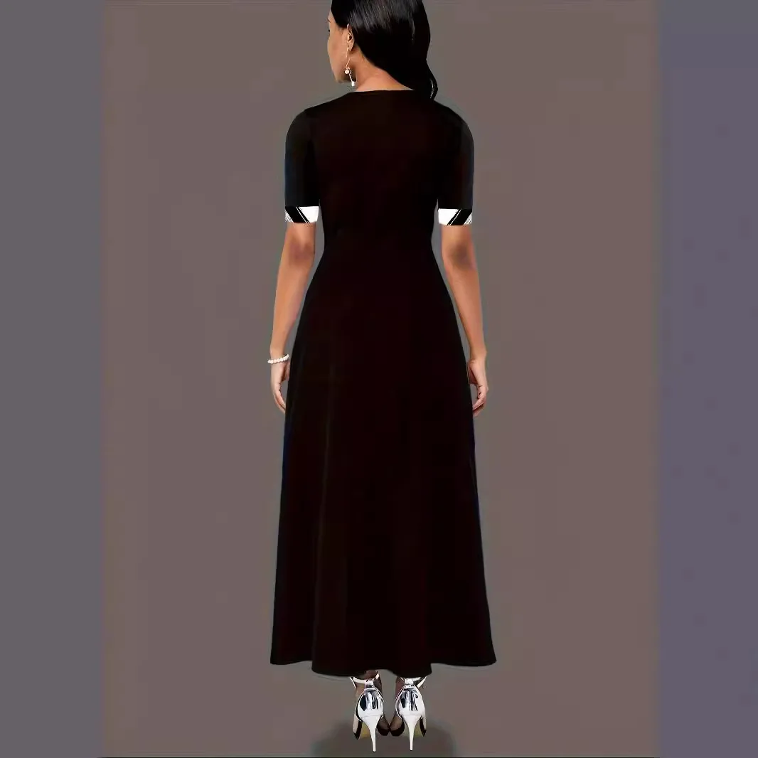 New style dress fashion round neck contrast color mid-sleeve irregular long dress