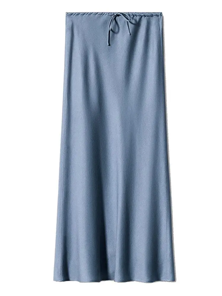 

Women Formal Black Satin Maxi Skirt High Waist Straight Work Skirt with Belt for Office Summer Autumn Elegant Silk Skirt